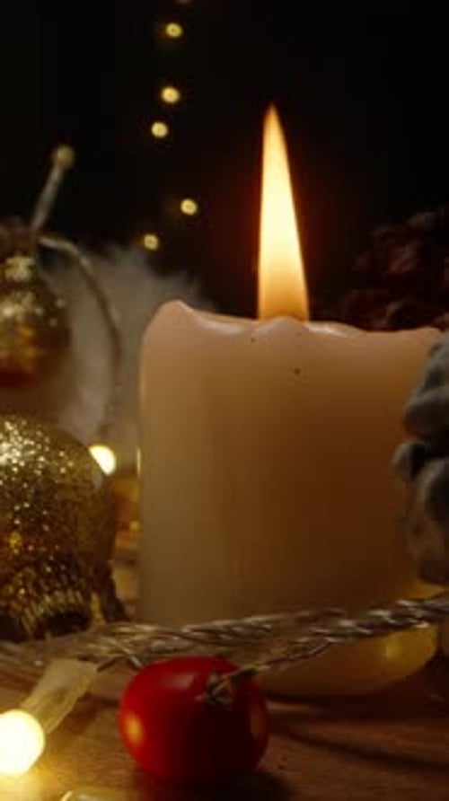 Christmas Candlelight with Golden Decoration in Cozy Home