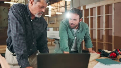 Teamwork, carpentry project or people on laptop in warehouse for manufacturing