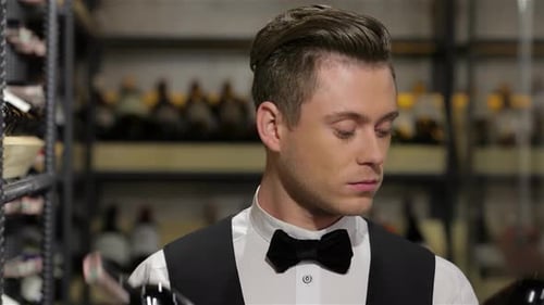 Young Adult Man Holds Wine Bottles Smiling