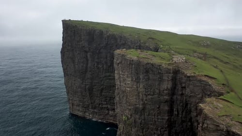 Dramatic clifftop precipice hiking trail in remote Faroe Islands, aerial pan view