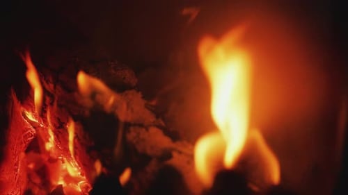 Close Up of Fire Flames Burning in Fireplace