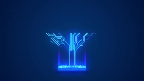 Wachsender Leiterplattenbaum. Blau leuchtender elektronisch Hightech-Digitalbaum auf Leiterplatte
.