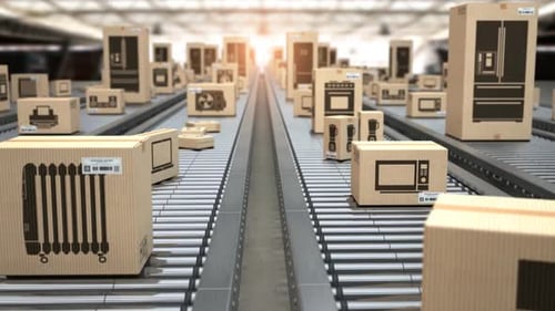 Household appliance in cardboard boxes on conveyor roller in distribution warehouse