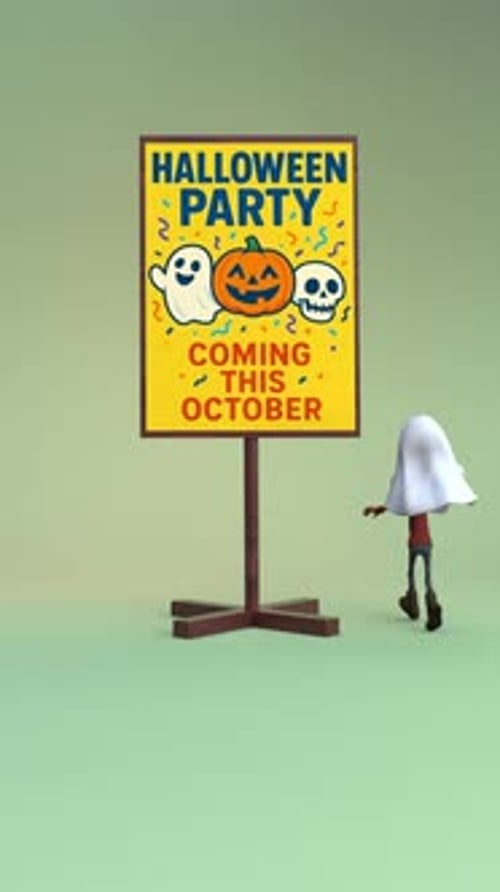 Playful Animated 3D Halloween Characters with Party Sign
