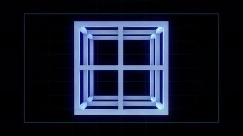 Futuristic Rotating 3D Wireframe Cube with Blue Grid Glow