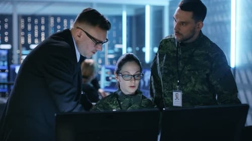 Government Surveillance Agency and Military Joint Operation. Male Agent, Female and Male Military O