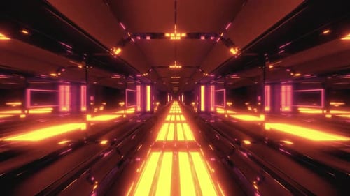 Beleuchteter futuristischer Korridor, leuchtend orange, rotes Licht, digitale Kunst, Neonröhren, Energiepfade