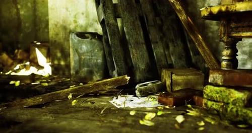 Abandoned Room with Forgotten Objects and Scattered Leaves in Dim Light