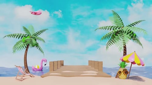 Tropical Beach Scene with Pier and Flamingo