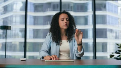 Latin Manager Swiping Metaverse Closeup. Smart Businesswoman Working Futuristic Invisible Interface.