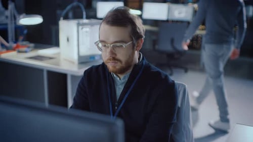 Professioneller Entwicklungsingenieur für Elektronik, der an einem PC im Advanced Techno arbeitet