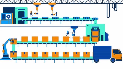 Gears production warehouse conveyor belt 2D animation