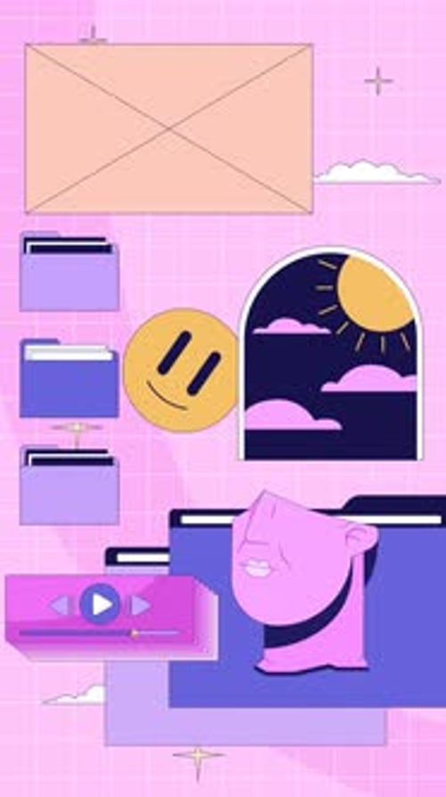 Y2K surreal digital workspace lofi vertical animation