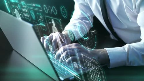 Infografiken über Medizin in Form einer Projektion vor einem Laptop