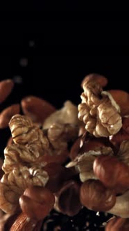 Different Types of Nuts Fly Up and Fall Down Filmed on a Highspeed Camera at 1000 Fps