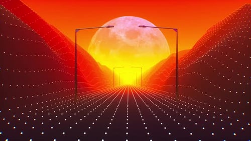 Synthwave Background Of Endless Road With Loop Of Street Light