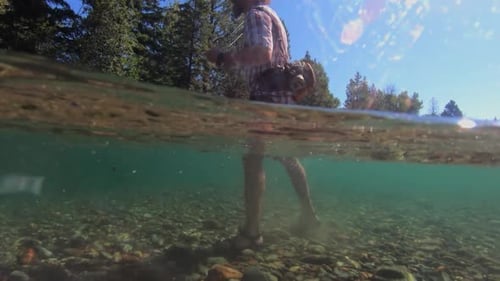 A fly fisherman casts a fly rod in a river. Wading waste deep in ultra clear water. Slow motion. Bac