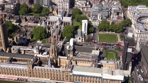 Close aerial view of Westminster, Houses of Parliament, Big Ben, Parliament Square and Westminster A