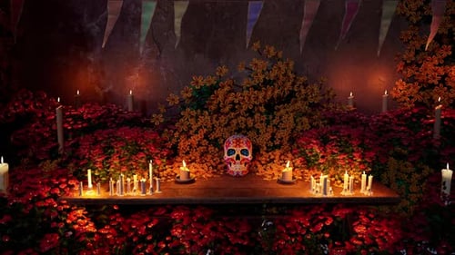 Vibrant Dia de los Muertos Sugar Skull Altar with Candles