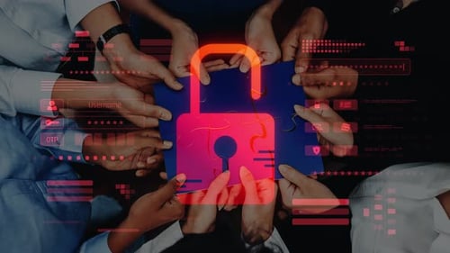 Collaborative Hands Group Establishing Digital Security with Lock Icon and Data Interfaces Represent