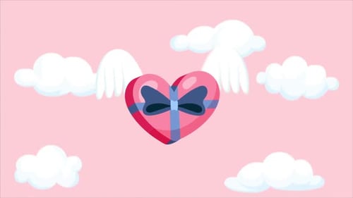 Cartoon Heart Flying In The Sky On Pink Cloudy Background