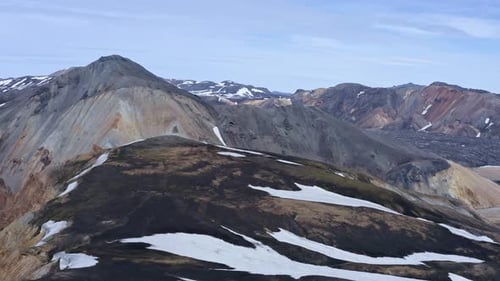 Forward drone view over Landmannalaugar's rhyolite mountains, facing Bláhnúkur's blue mountains, sho