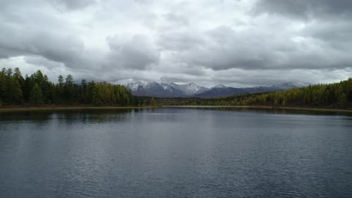 Beautiful Bright Forest on Horizon Snowy Mountains Stone Peaks. Top Panoramic Fly