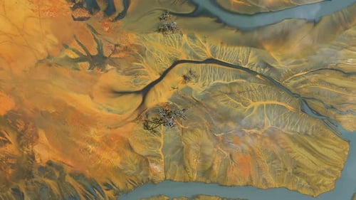 Aerial view of AMD acid mine drainage polluted waters. Natural pattern. Environmental pollution