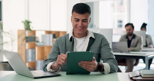 Media agency, thinking and man in workplace, tablet and planning with website blog