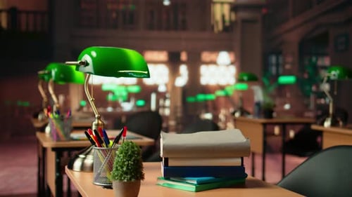 Empty Vintage Library Featuring Wooden Shelves and Classic Green Lamps