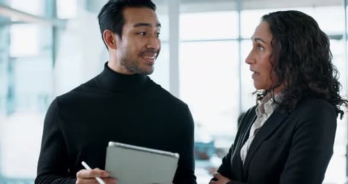 Business people, discussion and team in finance with tablet for company proposal evaluation