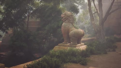 Ancient Stone Lion Guarding a Temple in the Dense Jungle of Vietnam at Dawn