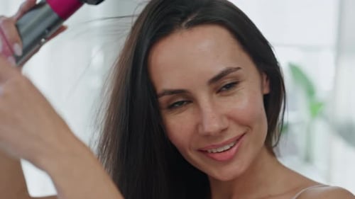 Cheerful Model Drying Chevelure at Home Mirror Pov View Woman Using Blow Dryer