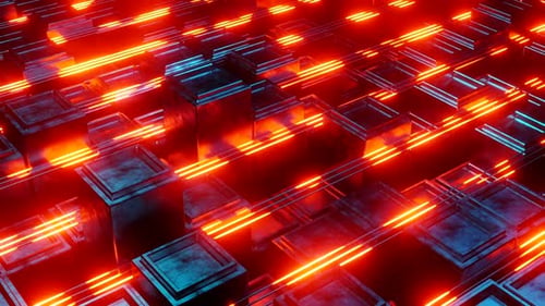 Abstrakte Animation, Neonfäden und Säulen, Stadtgestaltung. Visueller VFX-Hintergrund des Clubs