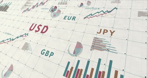 Currencies dollar euro yen and pound charts and graphs 3d diagram on paper
