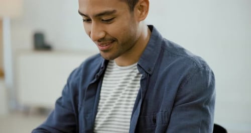 Smile, businessman typing at desk with computer for research on online article