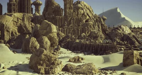Serene Desert Setting Featuring Regal Citadel and Scattered Rocks