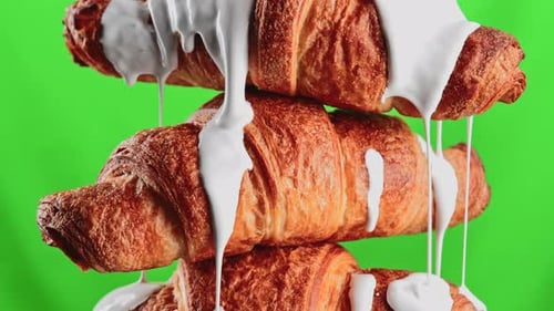 Delicious croissants isolated on green background
