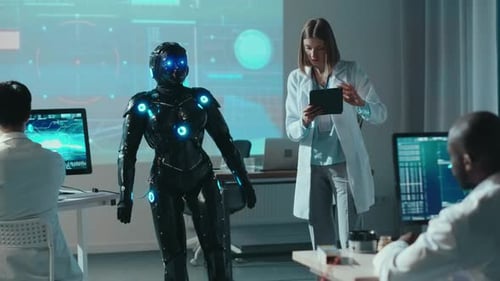 Technologies robotiques Intelligence artificielle Travailleurs scientifiques multiethniques expérimentant avec