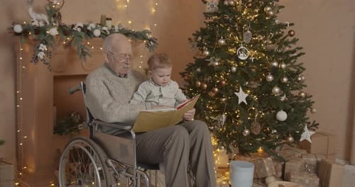 Grandfather Reads with Child near Christmas Tree