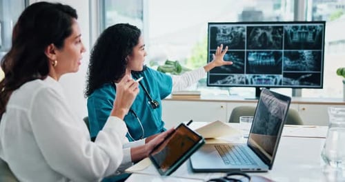 Laptop, people and meeting for healthcare treatment, mentor and surgery internship