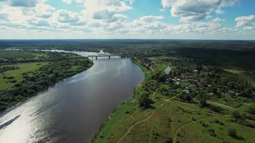 Aerial Summer Landscape with a River and a Bridge