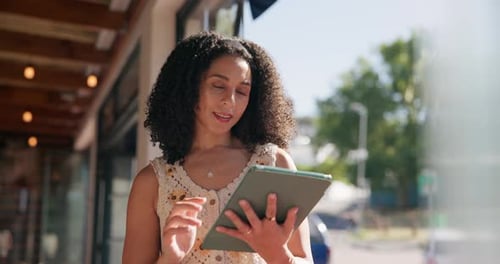 Remote work, thinking or journalist in coffee shop with tablet, insight and ideas for news story