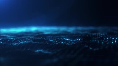 Flowing turquoise glowing digital wave surface made of small light dots moves smoothly