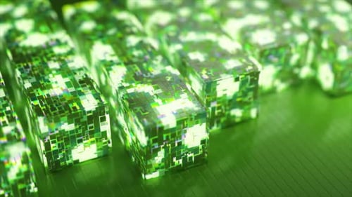 Futuristic Green Glowing Rectangular Blocks with Digital Circuitry Patterns Slowly Moving in a Row