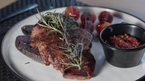 Steaming Steak with Rosemary, Potatoes, and Tomatoes
