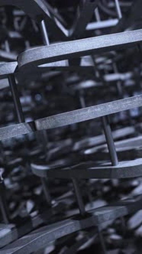Macro Pan on Interlocking Metal Rings and Rods with Blue Highlights