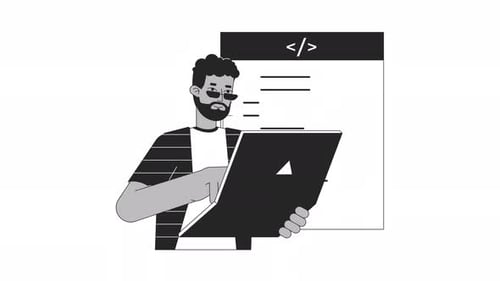 It Developer Coding on Laptop Bw Outline 2D Animation