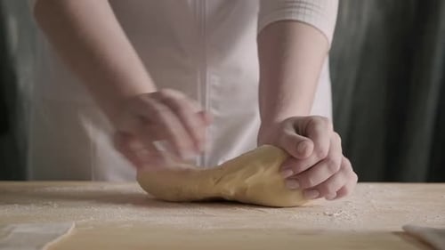 Bakery Small Shop Concept Baker Preparing Fresh Bread Hands Close Up Knead Bread Dough