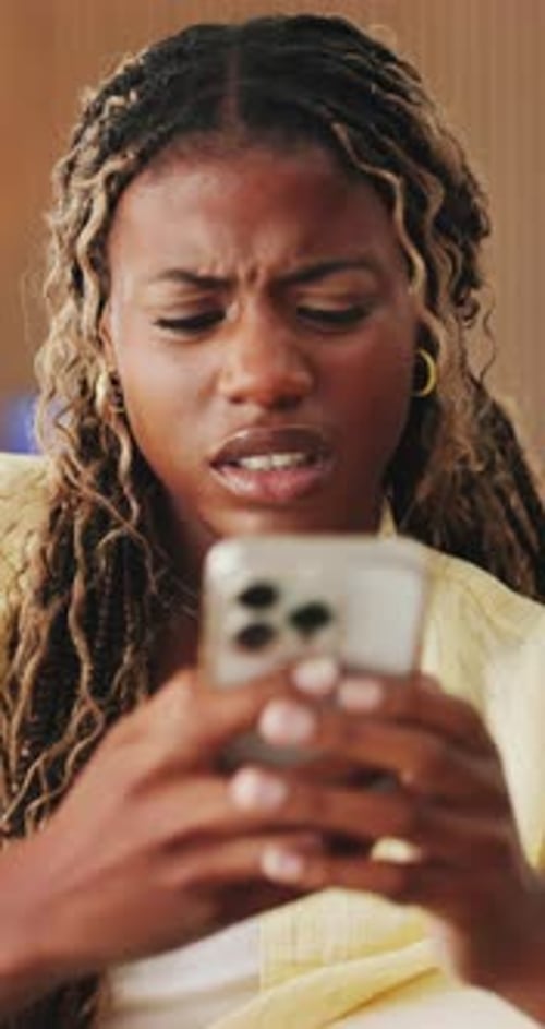 Confused, student and black woman with internet, smartphone for online announcement and bad news